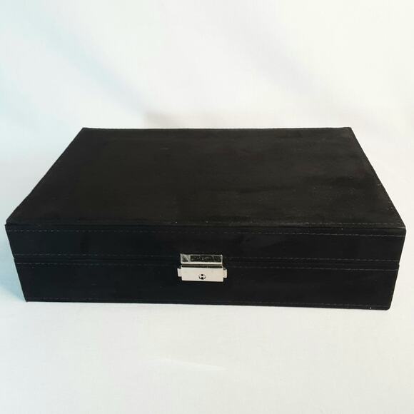 Black Velvety Fabric Lined Jewelry Box Multi Compartments Mirror Locking  Key - Picture 2 of 13